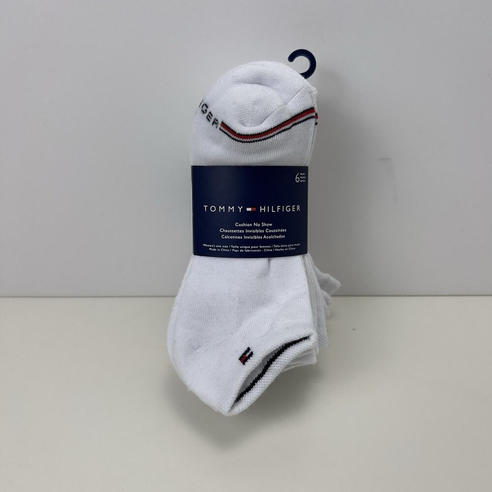 Tommy Hilfiger Womens 6 Pairs Cushion No Show Socks Logo Size 6-9.5 White